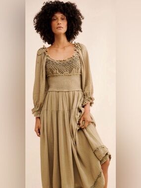 Free People Toledo Olive Green Smocked Midi Dress Puff Sleeves Cotton XS
